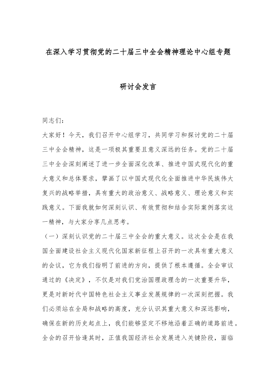 在深入学习贯彻党的二十届三中全会精神理论中心组专题研讨会发言_第1页