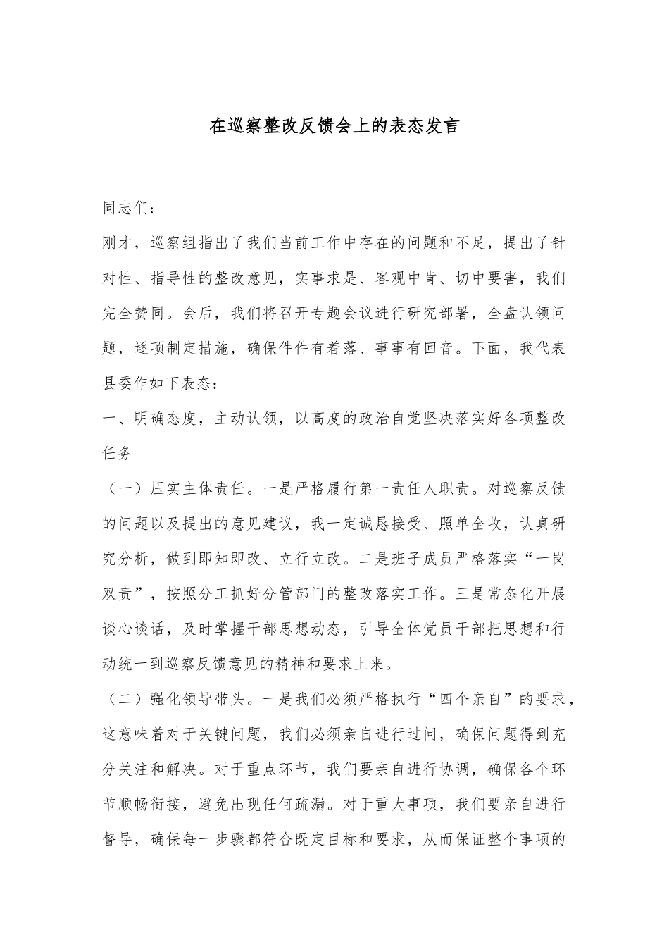 在巡察整改反馈会上的表态发言_第1页