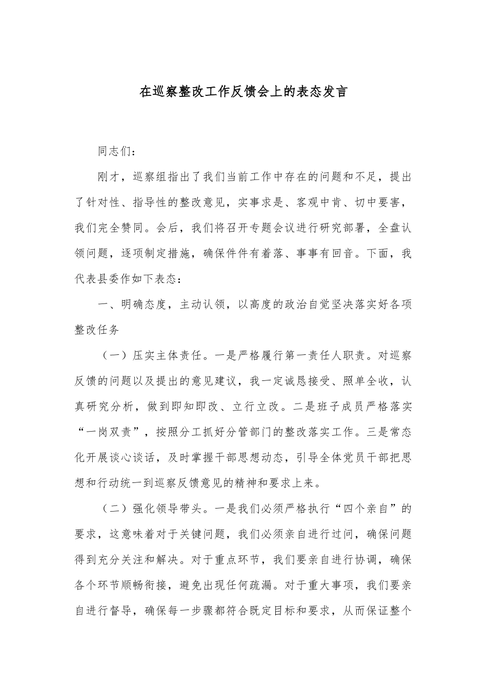 在巡察整改工作反馈会上的表态发言_第1页