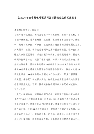 在2024年全省税收助理共同富裕推进会上的汇报发言