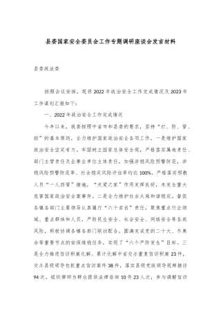 县委国家安全委员会工作专题调研座谈会发言材料