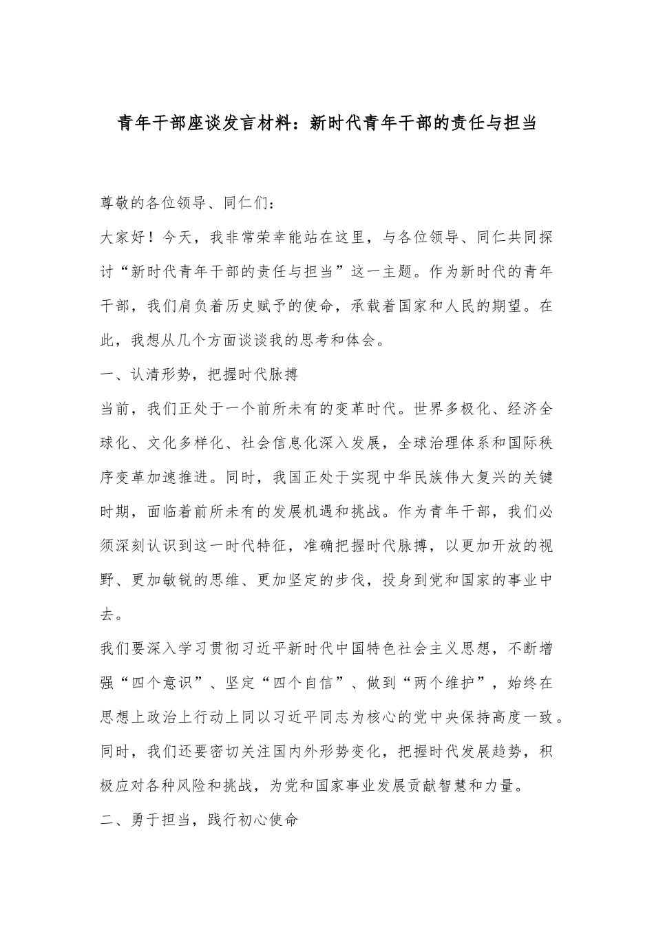 青年干部座谈发言材料：新时代青年干部的责任与担当_第1页
