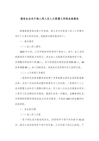 国有企业关于选人用人及人力资源工作的总结报告