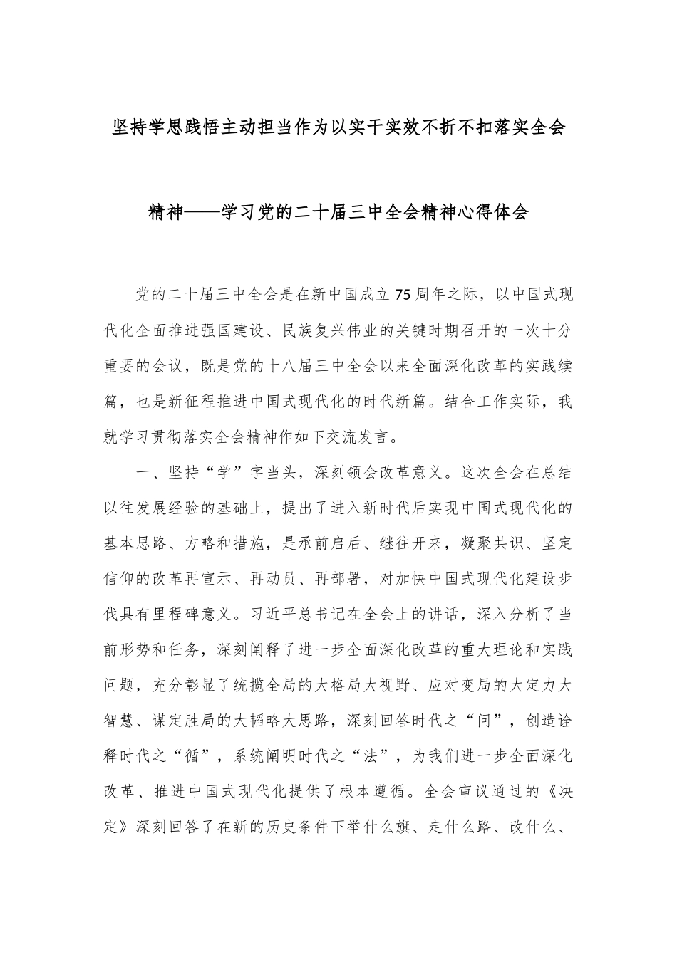 坚持学思践悟主动担当作为以实干实效不折不扣落实全会精神——学习党的二十届三中全会精神心得体会_第1页
