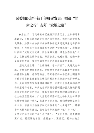 区委组织部年轻干部研讨发言：循迹“甘肃之行”走好“发展之路”