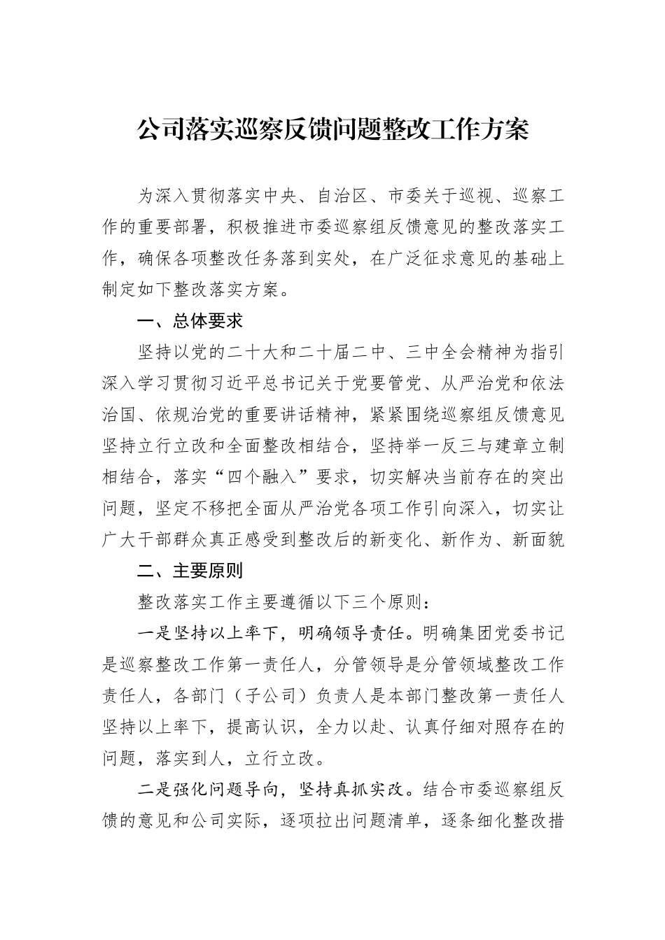 公司落实巡察反馈问题整改工作方案_第1页