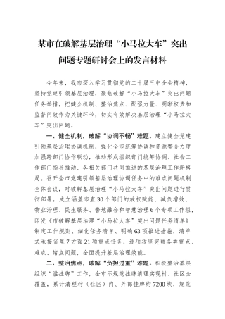 某市在破解基层治理“小马拉大车”突出问题专题研讨会上的发言材料