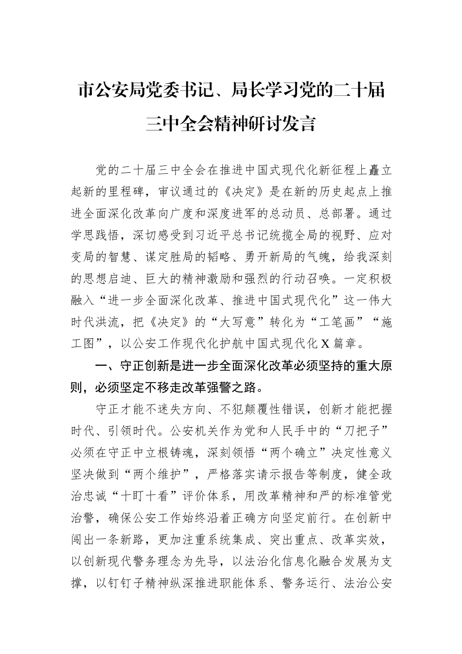 市公安局党委书记、局长学习党的二十届三中全会精神研讨发言_第1页