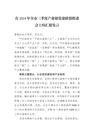 在2024年全市三季度产业链党建联盟推进会上的汇报发言