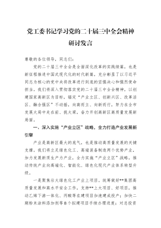党工委书记学习党的二十届三中全会精神研讨发言