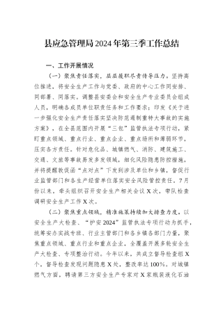 县应急管理局2024年第三季工作总结