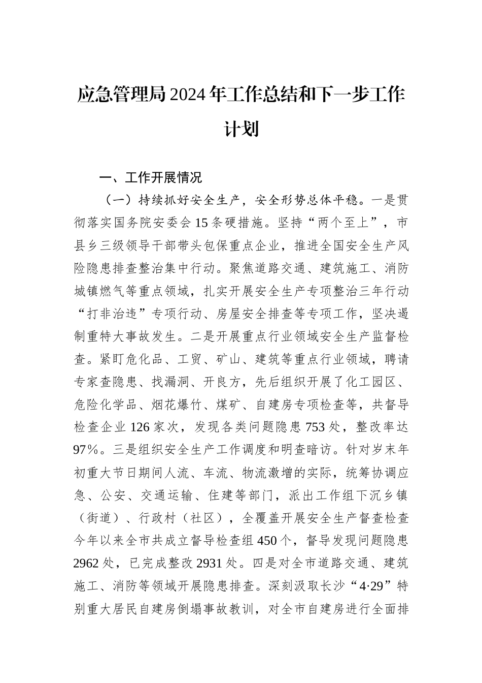 应急管理局2024年工作总结和下一步工作计划_第1页