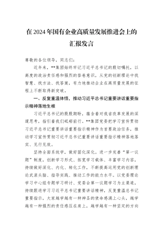 在2024年国有企业高质量发展推进会上的汇报发言