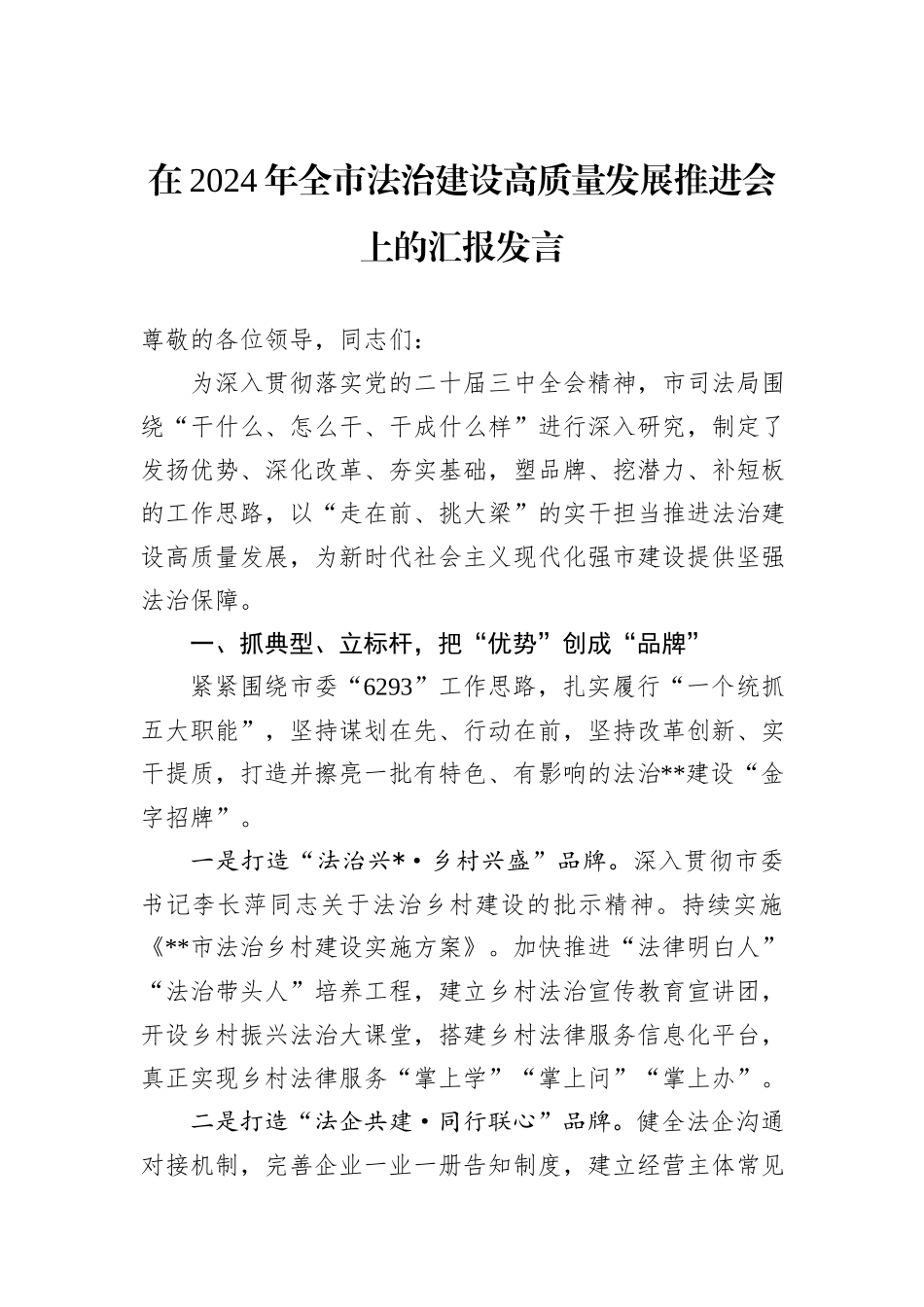 在2024年全市法治建设高质量发展推进会上的汇报发言_第1页