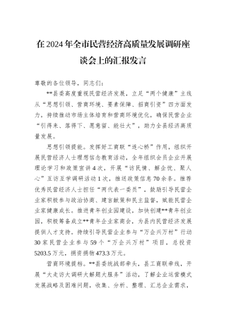 在2024年全市民营经济高质量发展调研座谈会上的汇报发言