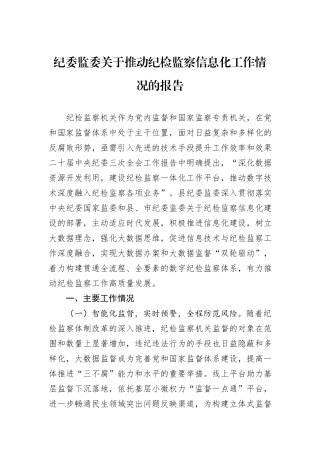 纪委监委关于推动纪检监察信息化工作情况的报告