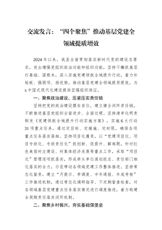 交流发言：“四个聚焦”推动基层党建全领域提质增效