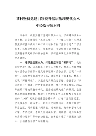某村坚持党建引领提升基层治理现代会水平经验交流材料