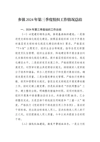 乡镇2024年第三季度组织工作情况总结