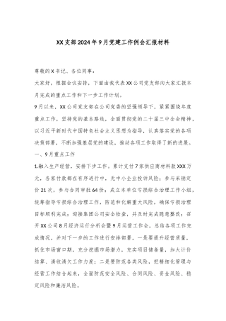 XX支部2024年9月党建工作例会汇报材料