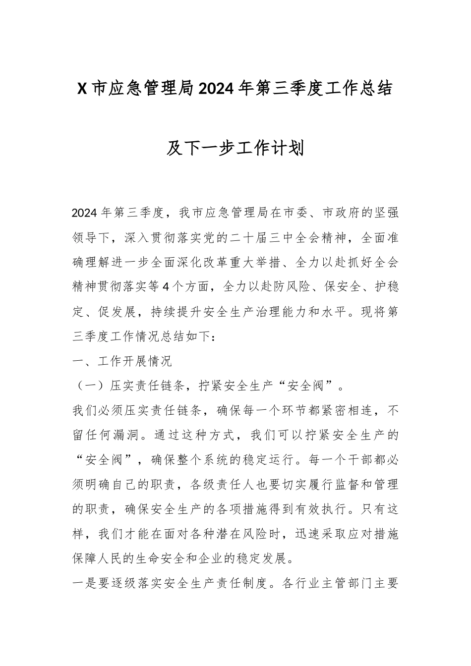 X市应急管理局2024年第三季度工作总结及下一步工作计划_第1页