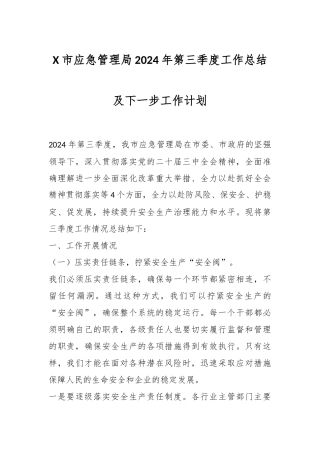 X市应急管理局2024年第三季度工作总结及下一步工作计划