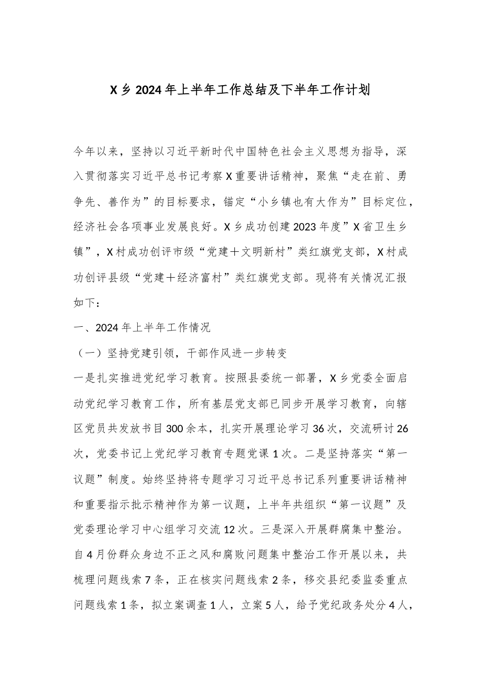 X乡2024年上半年工作总结及下半年工作计划_第1页