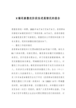 X镇巡察整改阶段性进展情况的报告