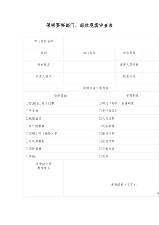 保密要害部门、部位现场审查表