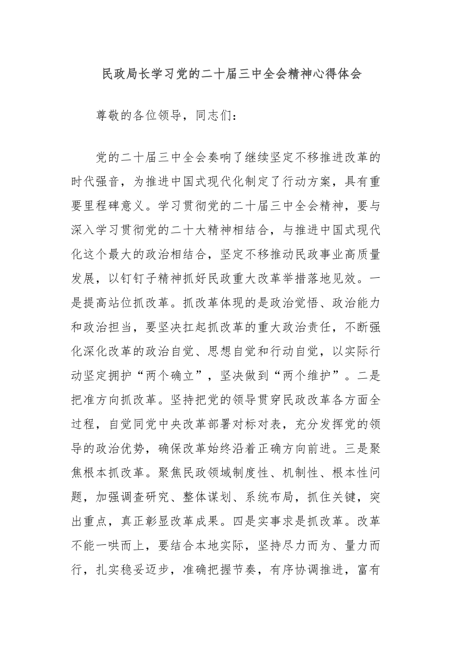 民政局长学习党的二十届三中全会精神心得体会_第1页