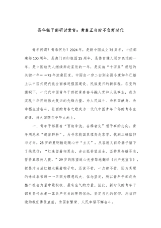 县年轻干部研讨发言：青春正当时 不负好时代