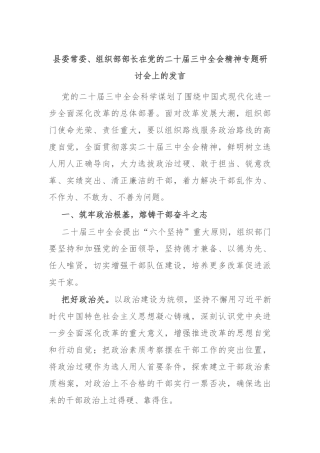 县委常委、组织部部长在党的二十届三中全会精神专题研讨会上的发言