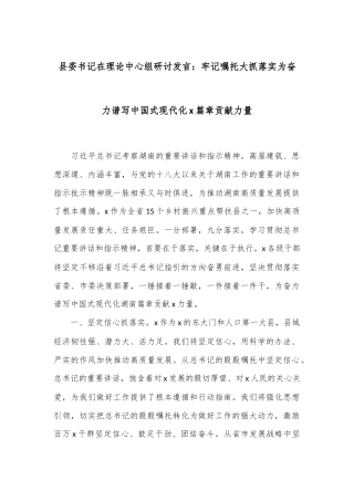 县委书记在理论中心组研讨发言：牢记嘱托大抓落实为奋力谱写中国式现代化x篇章贡献力量
