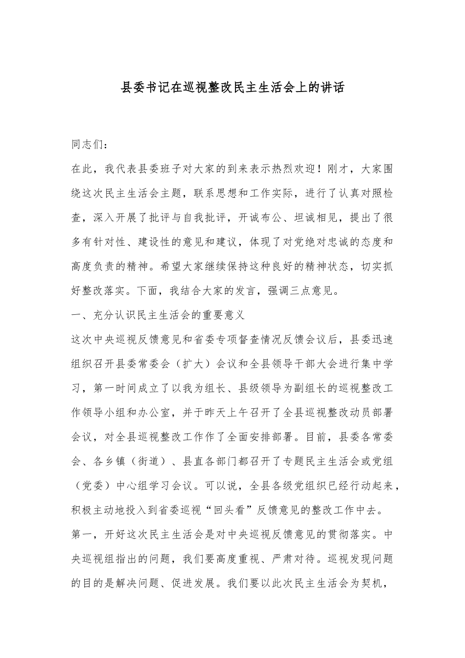 县委书记在巡视整改民主生活会上的讲话_第1页