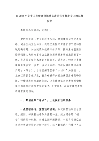 在2024年全省卫生健康领域重点改革任务推进会上的汇报发言