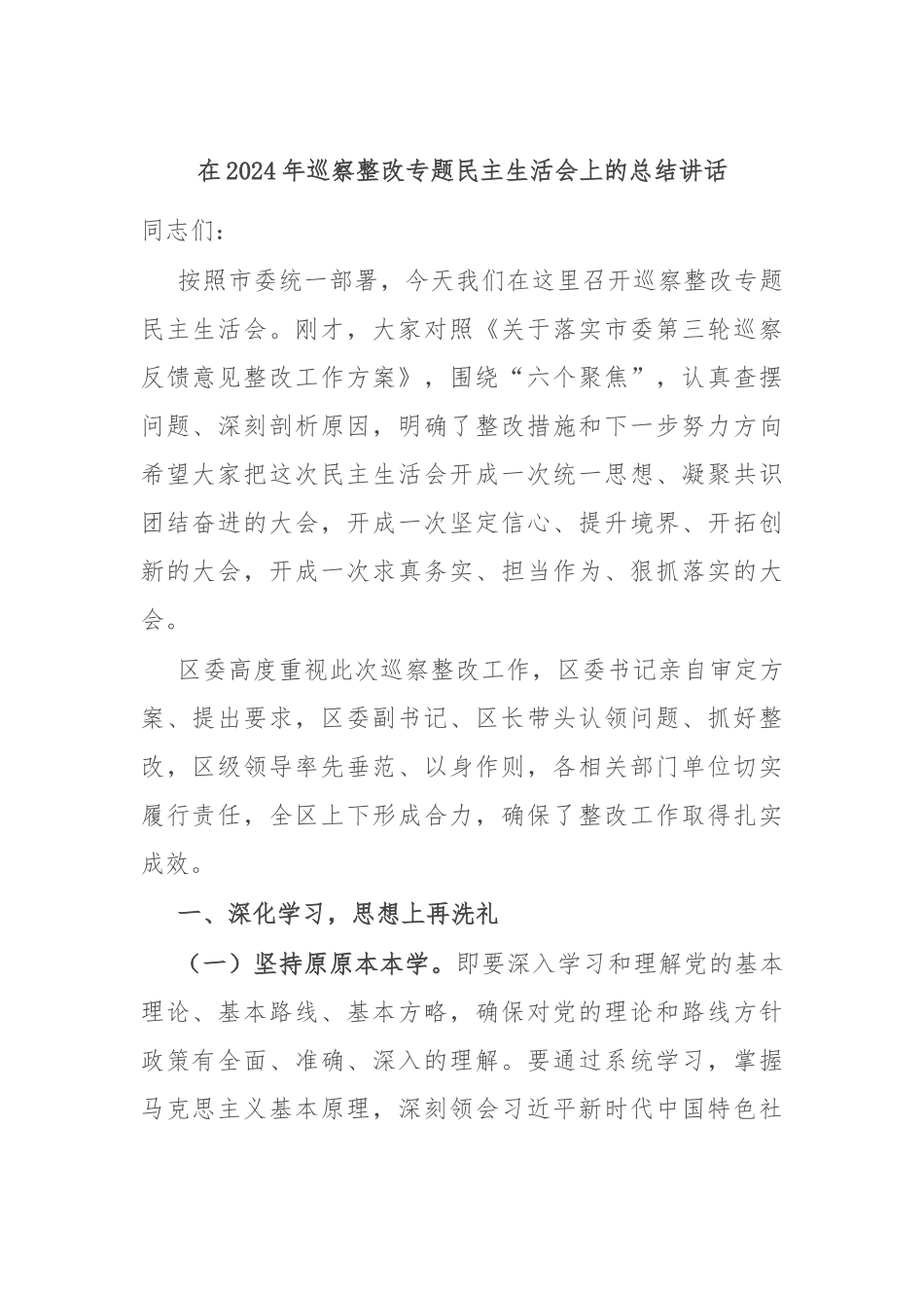 在2024年巡察整改专题民主生活会上的总结讲话_第1页