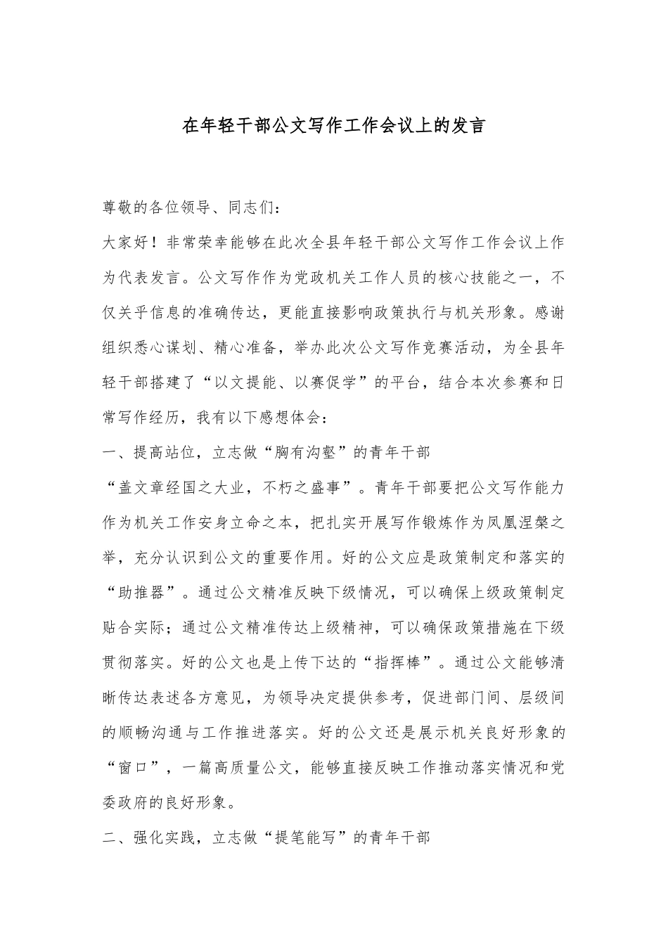 在年轻干部公文写作工作会议上的发言_第1页