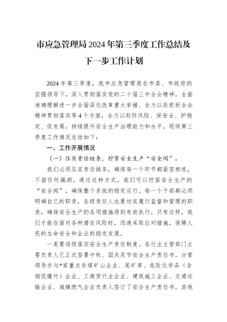 市应急管理局2024年第三季度工作总结及下一步工作计划