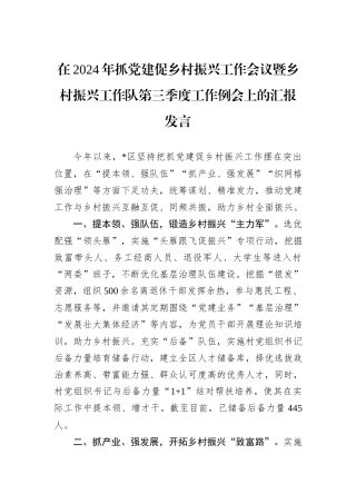 在2024年抓党建促乡村振兴工作会议暨乡村振兴工作队第三季度工作例会上的汇报发言