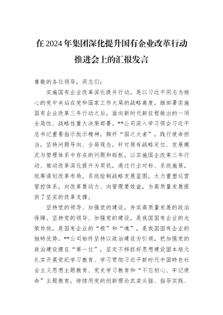 在2024年集团深化提升国有企业改革行动推进会上的汇报发言