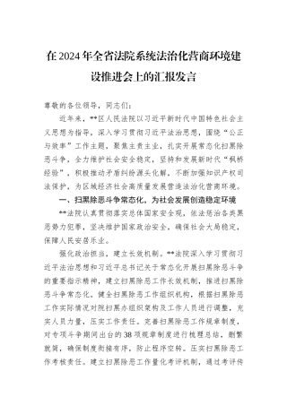 在2024年全省法院系统法治化营商环境建设推进会上的汇报发言