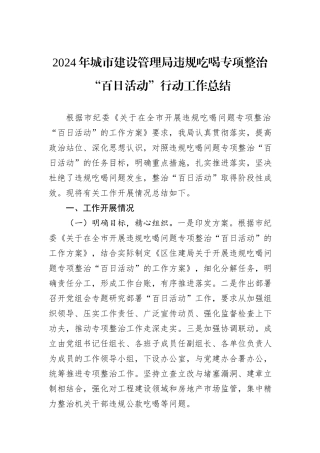 2024年城市建设管理局违规吃喝专项整治“百日活动”行动工作总结