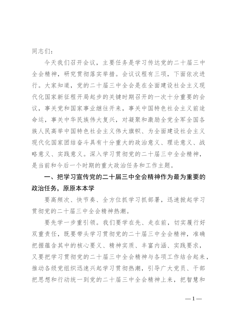 在传达学习党的二十届三中全会精神会议上的讲话_第1页
