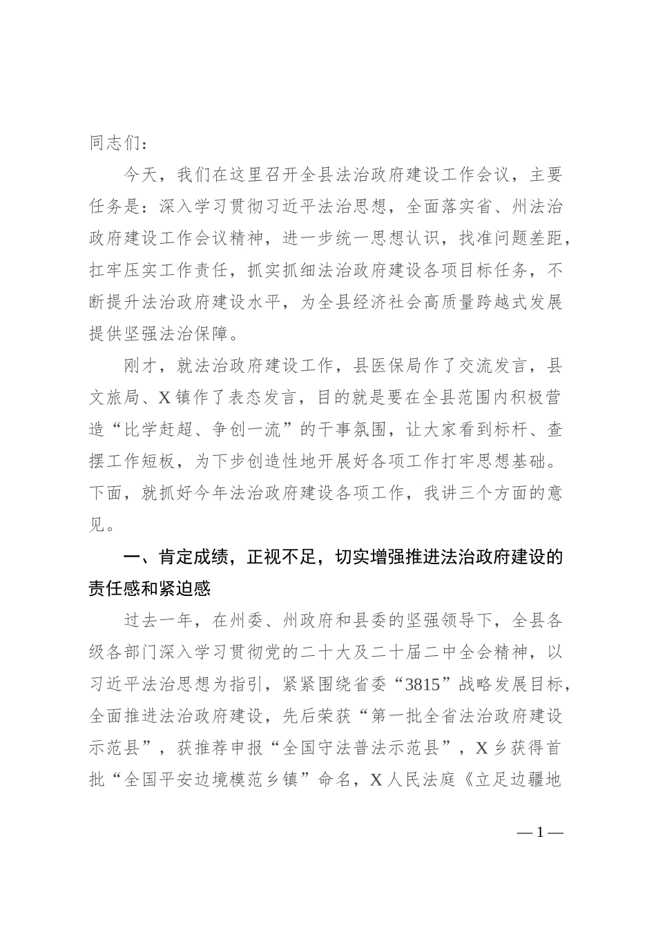 县委副书记、县长在全县法治政府建设工作会议上的讲话_第1页