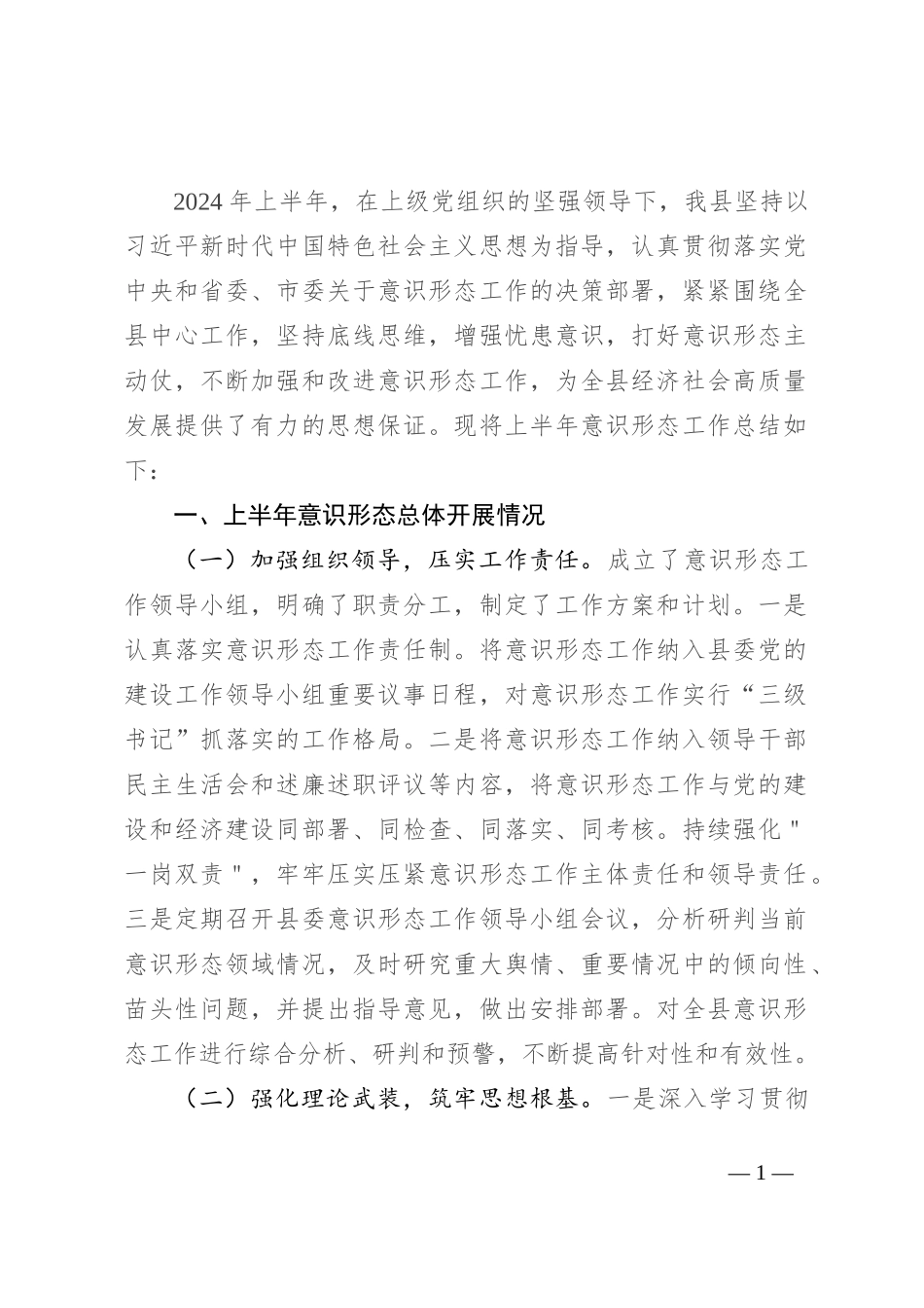 2024年上半年意识形态工作情况汇报_第1页