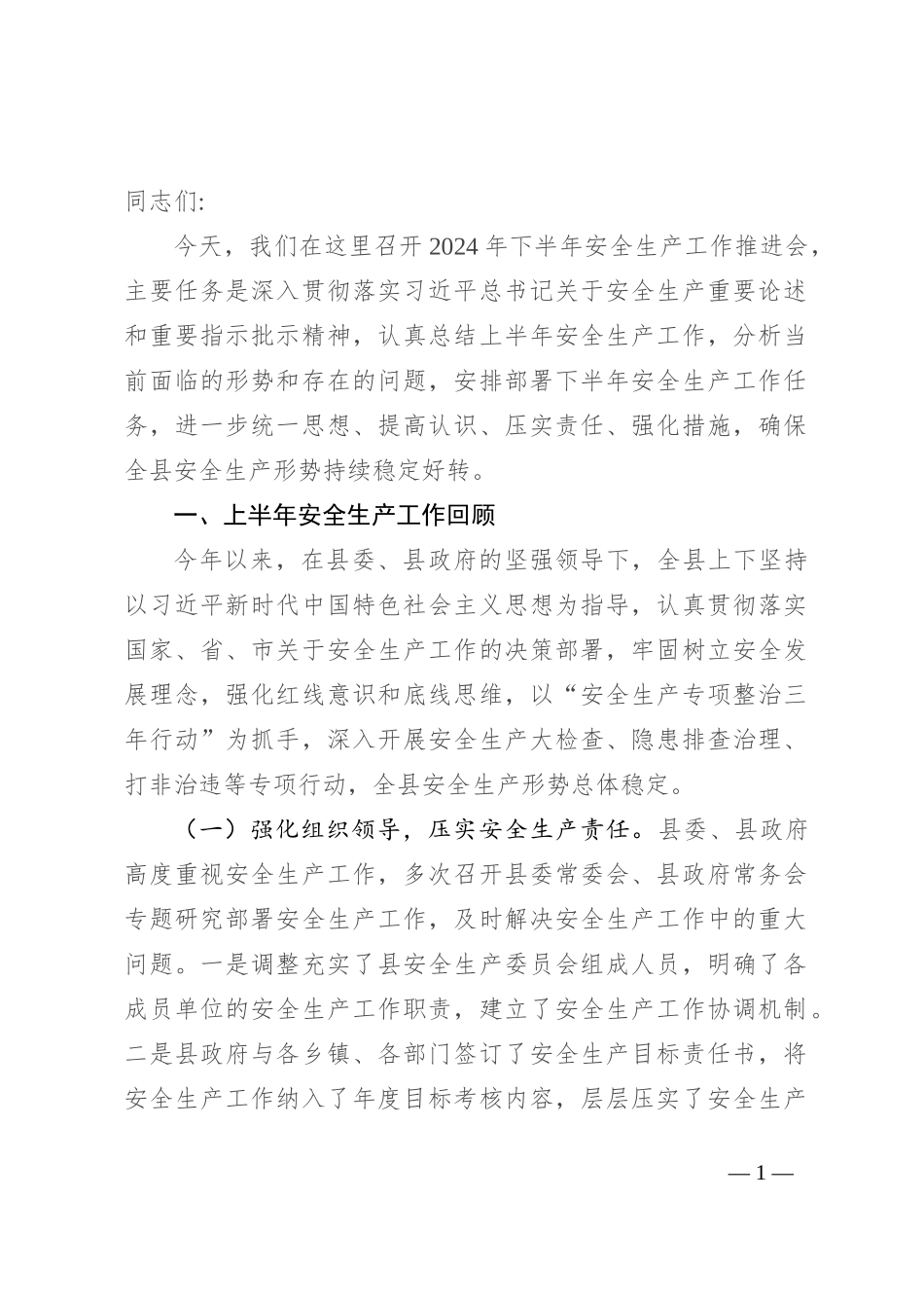 副县长在2024年下半年安全生产工作推进会上的讲话_第1页