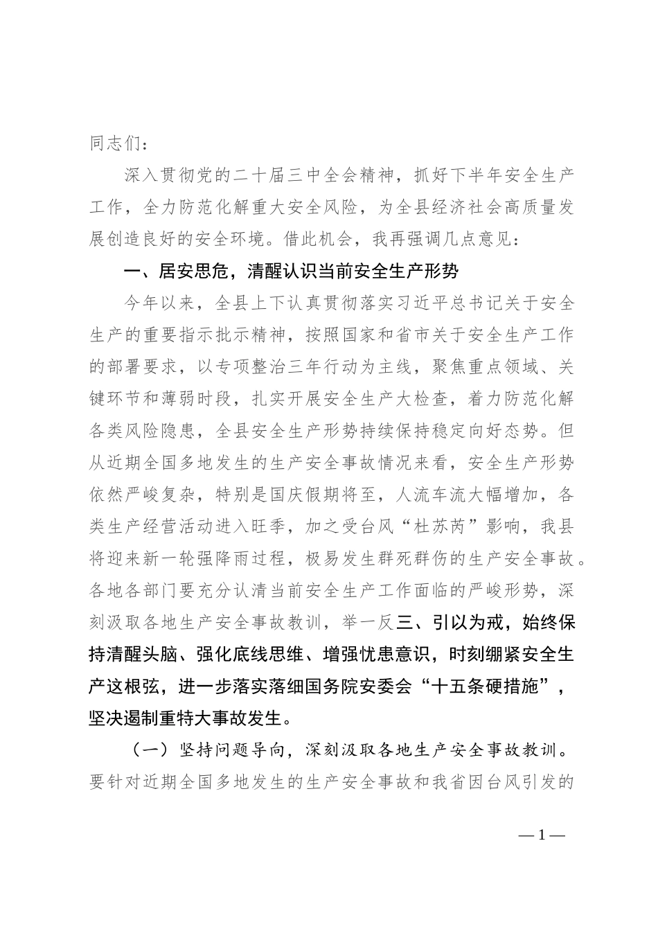 副县长在2024年下半年安全生产工作推进会上的讲话提纲_第1页