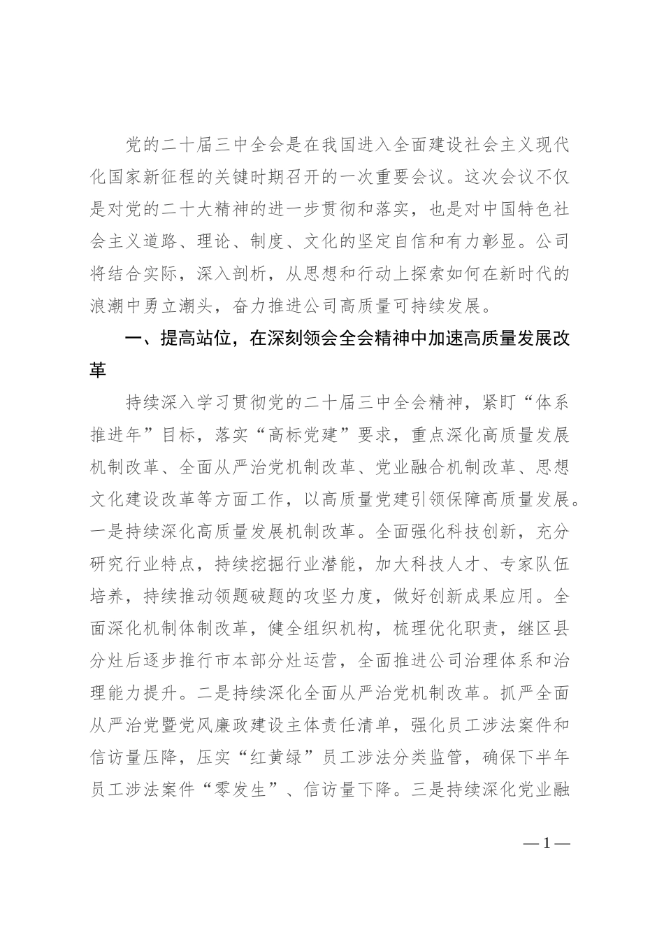 公司党委书记、总经理在理论中心组学习二十届三中全会精神研讨发言_第1页