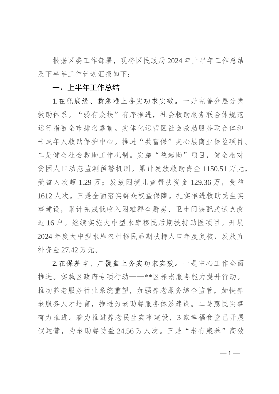 2024年区民政局上半年工作总结和下半年工作计划_第1页
