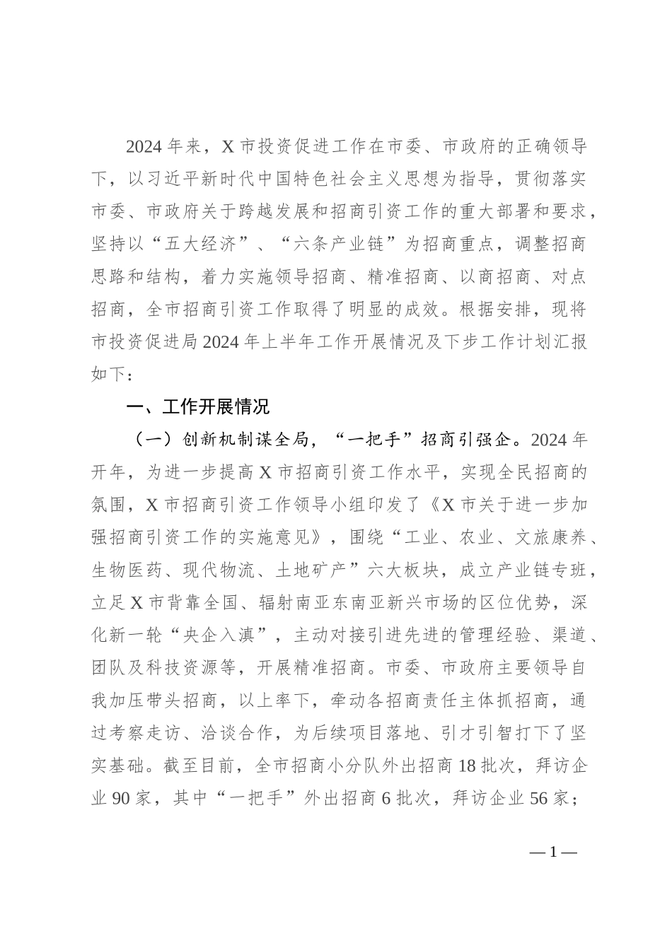 市投资促进局2024年上半年工作总结及下半年工作计划_第1页